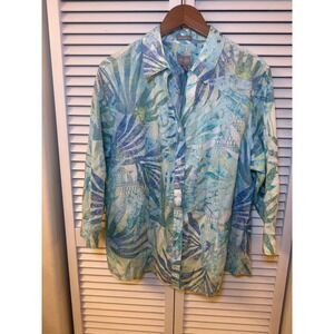 Chicos Tropical Palm Leaf Print Button Down Shirt Blue Green Wrinkle Resistant 3